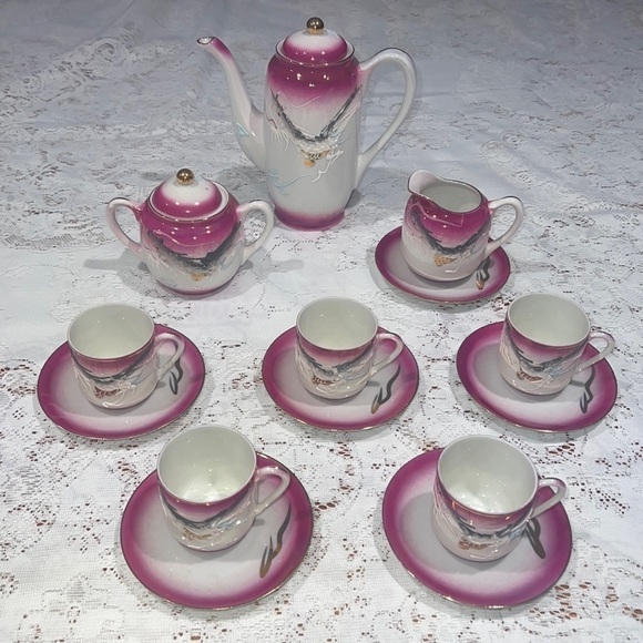 14 Piece Set Pink Black White Handpainted Moriage Dragonware Tea Espresso Set - Picture 1 of 14